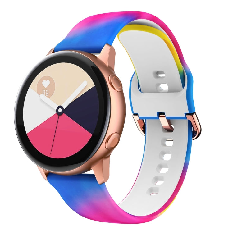 Blue, pink, and yellow gradient silicone watch band with rose-gold clasp