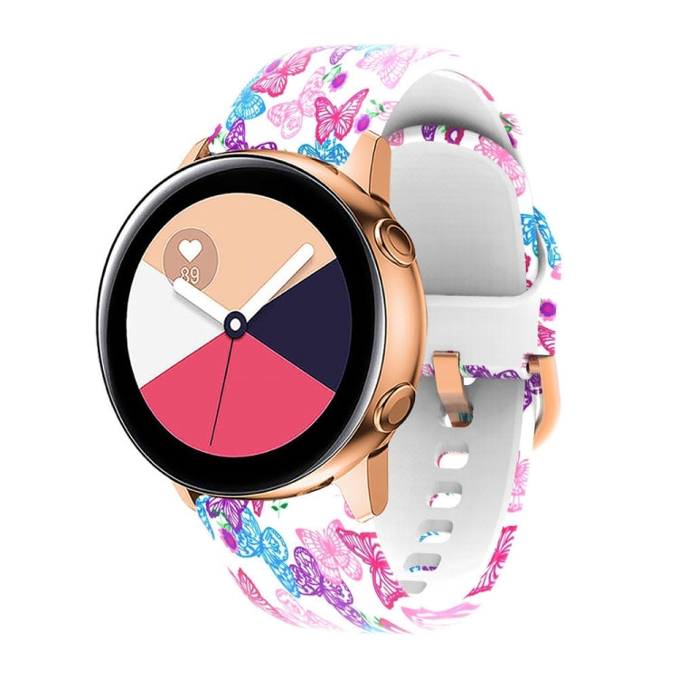 Pink butterfly print silicone watch band with white clasp and perforations for Samsung Galaxy Watch
