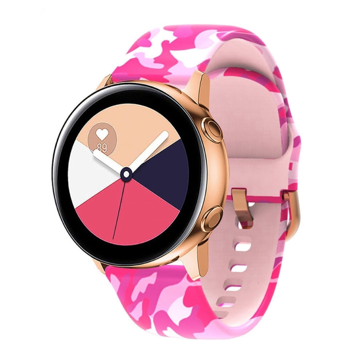 Pink camouflage silicone watch band with rose-gold clasp and strap holes for Samsung Galaxy Watch