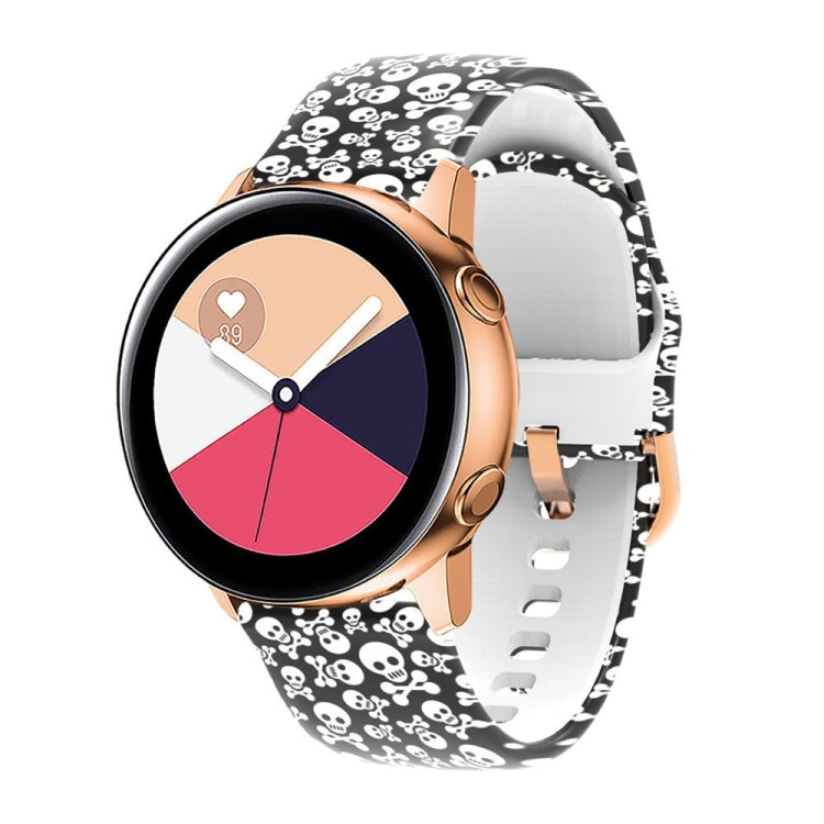 Black skull print silicone watch band with white clasp and perforations for Samsung Galaxy Watch