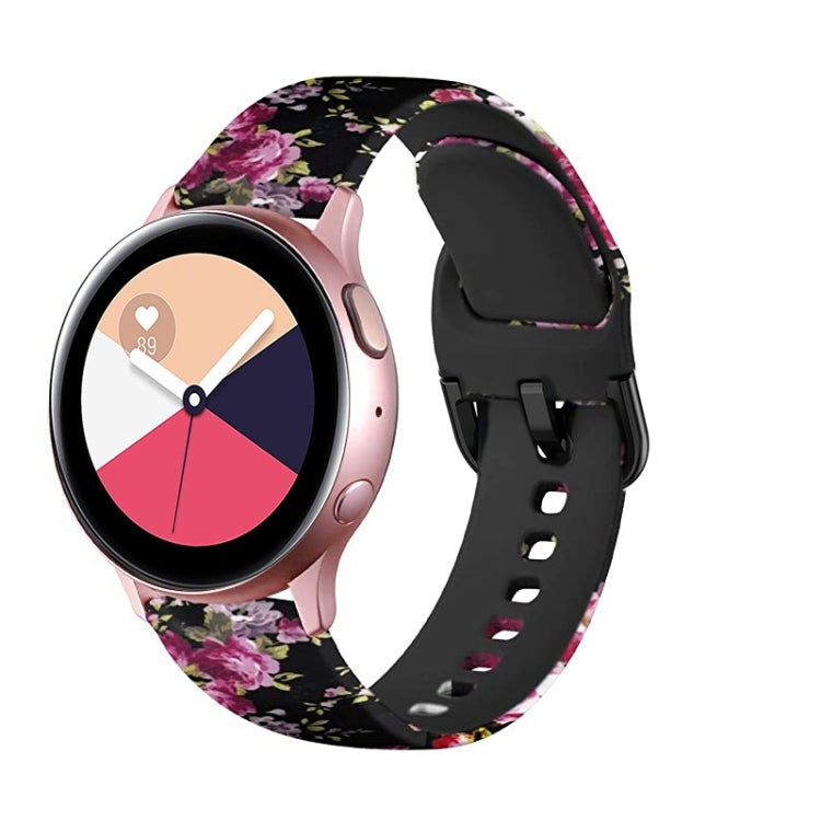 Black floral rose print silicone watch band with black clasp and ventilation holes for Samsung Galaxy Watch