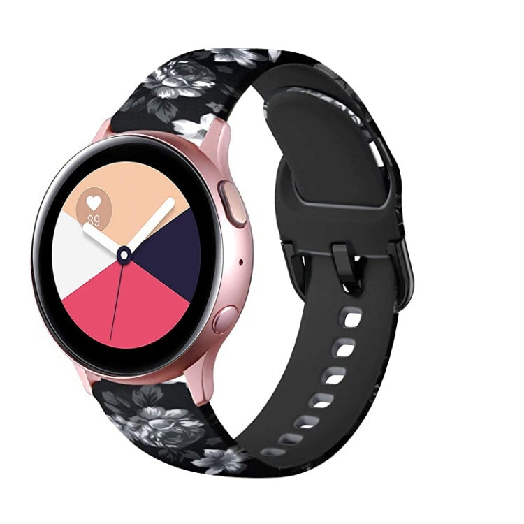 Black floral rose print silicone watch band with dark clasp and side perforations for Samsung Galaxy Watch