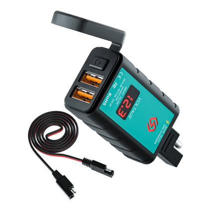 Motorcycle dual USB fast charger with voltmeter display, switch, and SAE cable