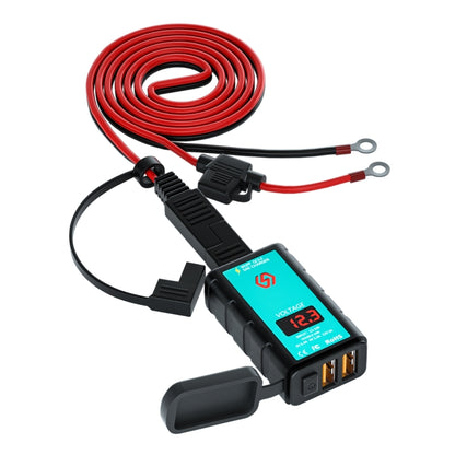 Motorcycle dual USB fast charger with voltmeter screen and red wiring harness