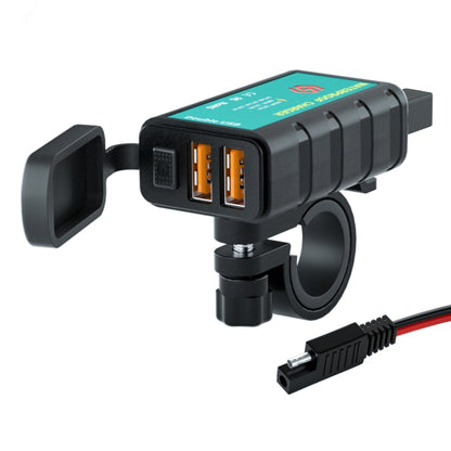 Black motorcycle dual USB fast charger with switch and integrated SAE socket, clamp mount