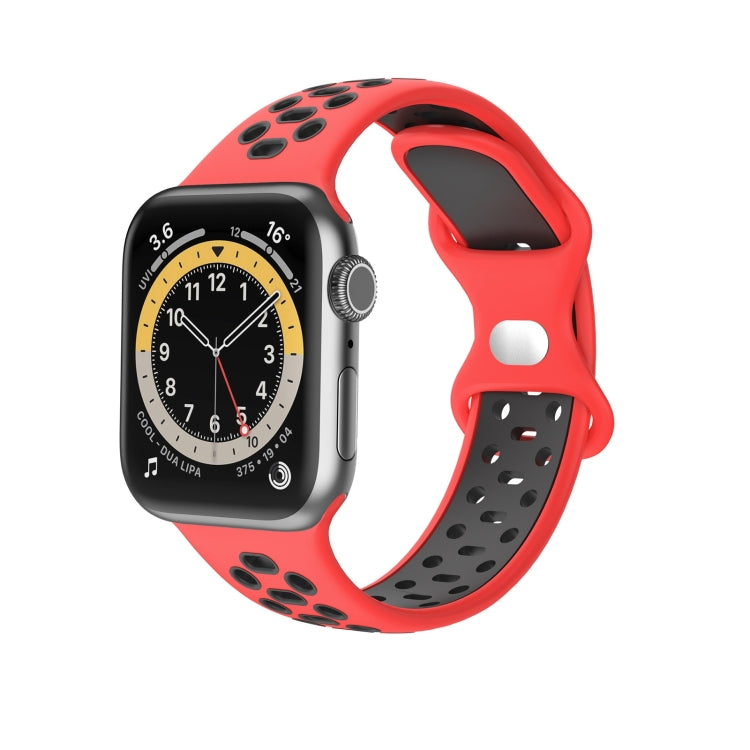 Red silicone watch strap with perforated holes and dark two-tone accents