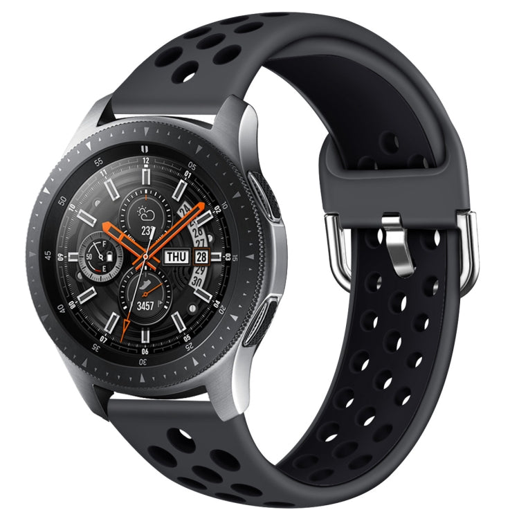 Black silicone double-color watch strap with oval cutouts and grey inner band, metal buckle