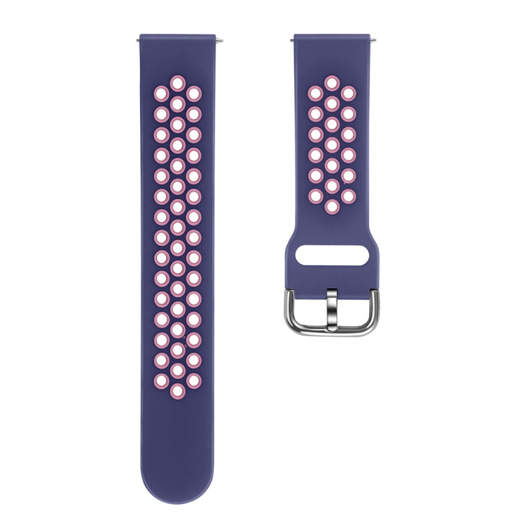 Purple silicone watch strap with pink oval cutout pattern and silver metal buckle