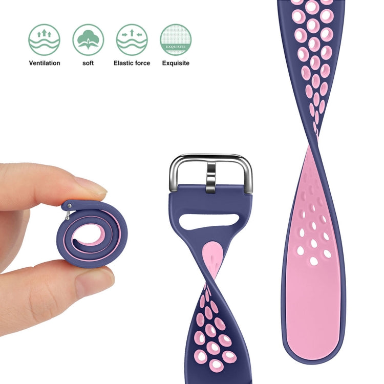 Purple and pink silicone watch strap with metal buckle, oval perforation pattern