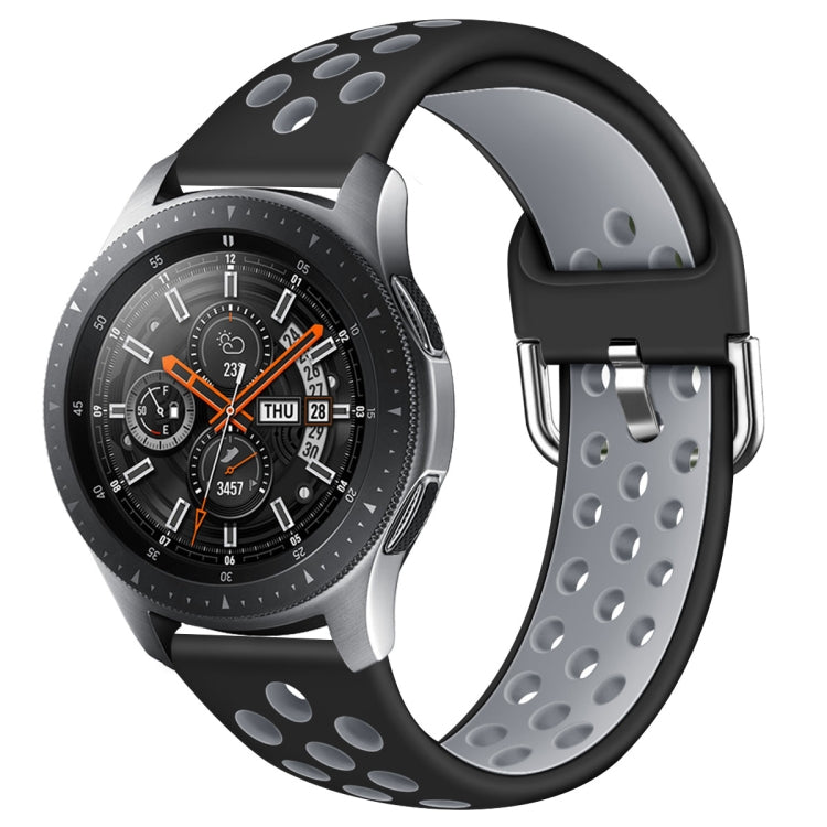 Black silicone double-color watch strap with grey inner band and oval cutouts, metal buckle