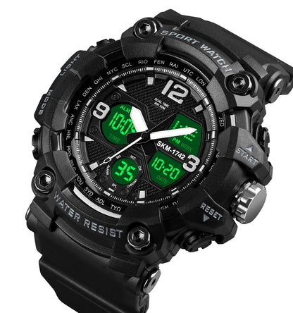 Black SKMEI sports digital wristwatch with four-screen LED and shockproof bezel