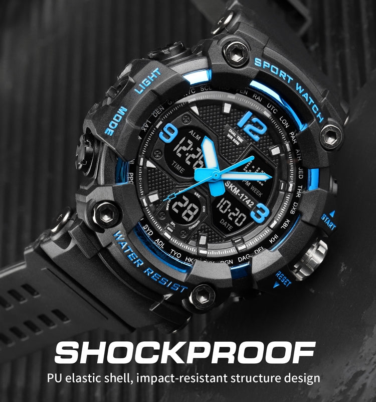 Black SKMEI shockproof digital watch with blue accent details and luminous LEDs