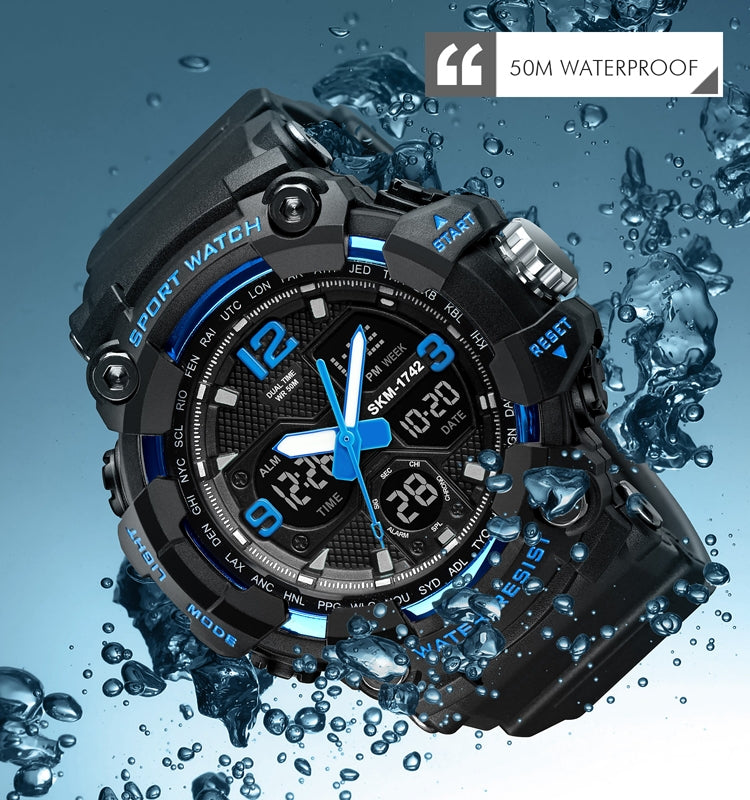 Black SKMEI digital sports watch with blue accents and rugged protective bezel