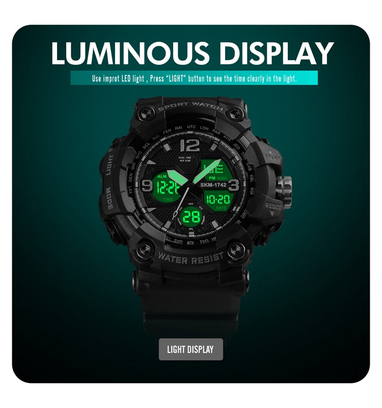 Black SKMEI luminous LED digital watch with glowing green display