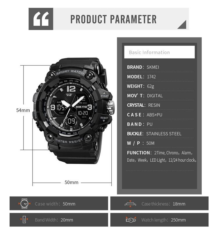 Black SKMEI digital sports watch with visible size and specification layout