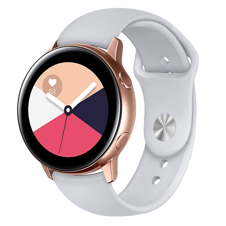 Light gray silicone smartwatch wrist strap with buckle holes and silver clasp plate