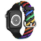 Two-tone multi-color silicone Apple Watch strap with black clasp and metal ring buckle