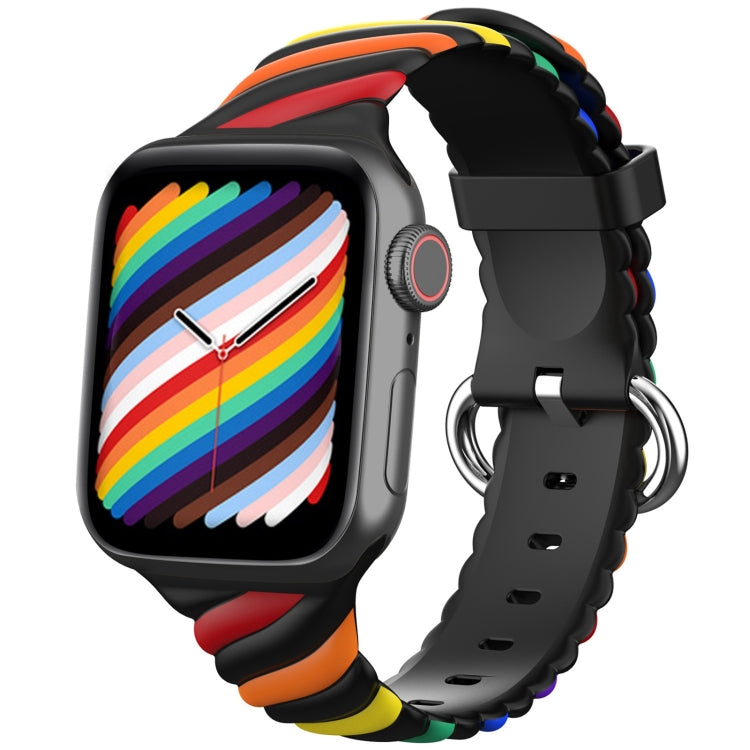 Two-color twist silicone watch strap with black band and rainbow-colored accents, perforated