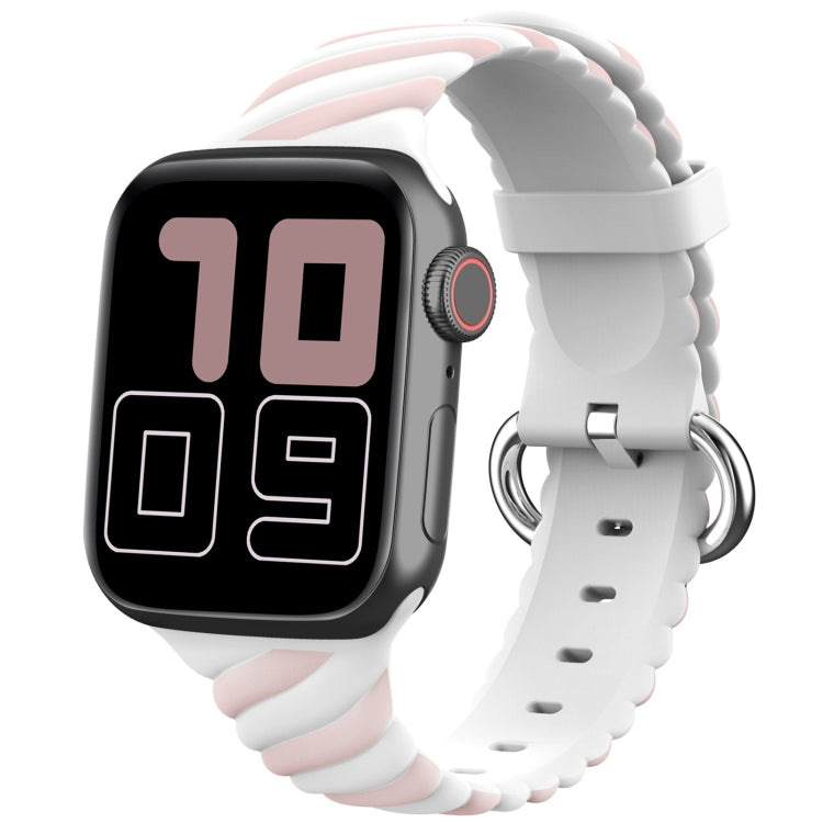 Two-color twist silicone watch strap with white band and pink accents, perforated