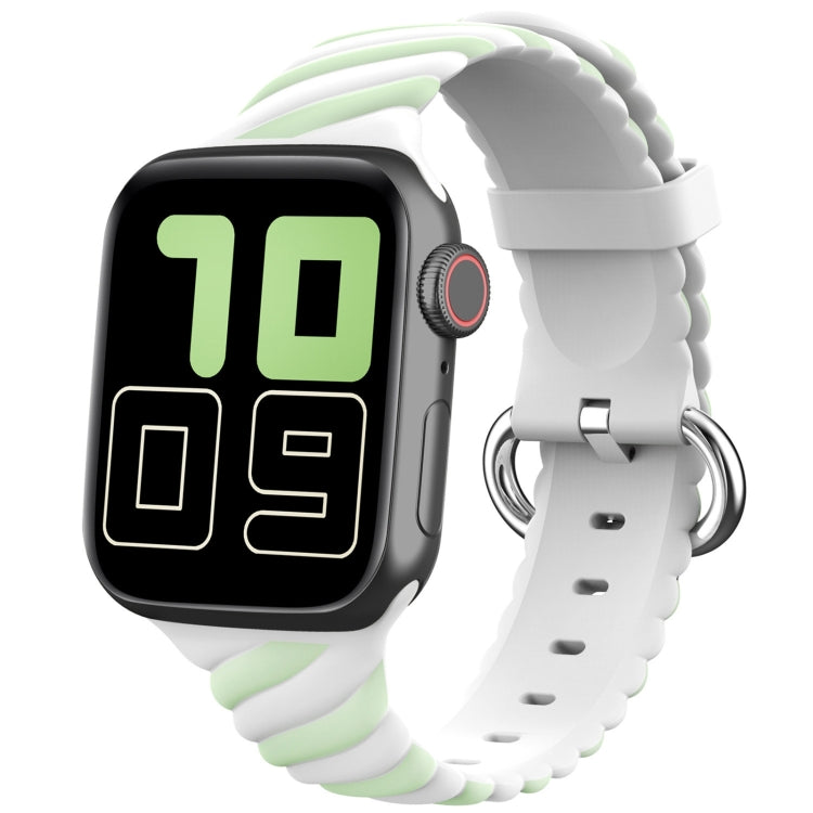 Two-color twist silicone watch strap with white band and lime green accents, perforated