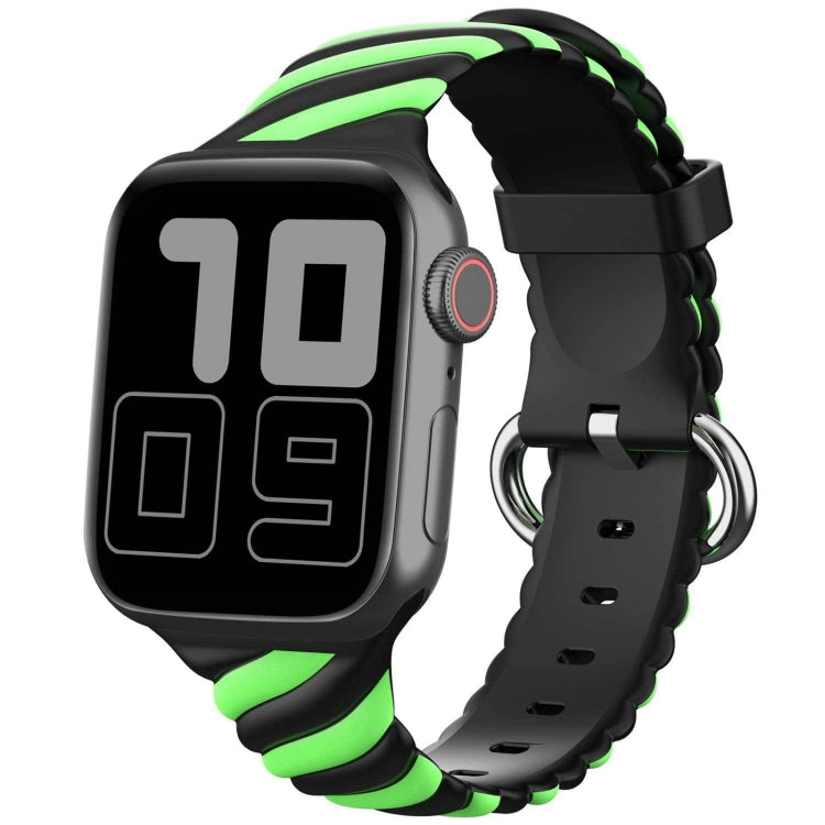 Two-color twist silicone watch strap in black with neon green stitched twist, perforated