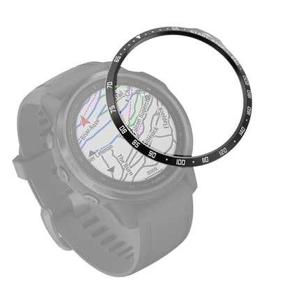Smartwatch bezel ring accessory with dark metal look and red minute markings