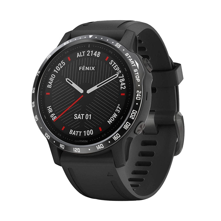 Smartwatch bezel ring accessory on a black watch face with white tick markers
