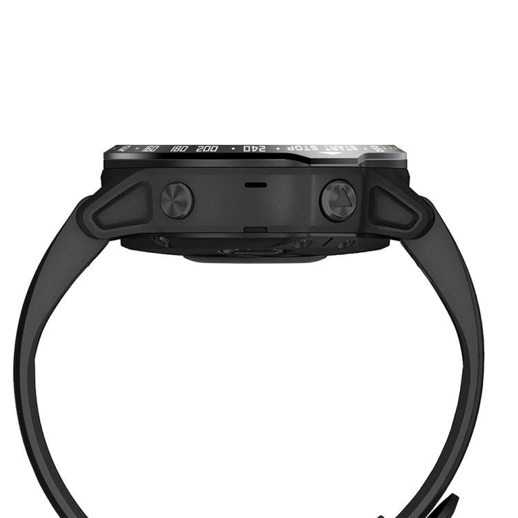 Black smartwatch bezel ring side view with raised buttons on the watch case