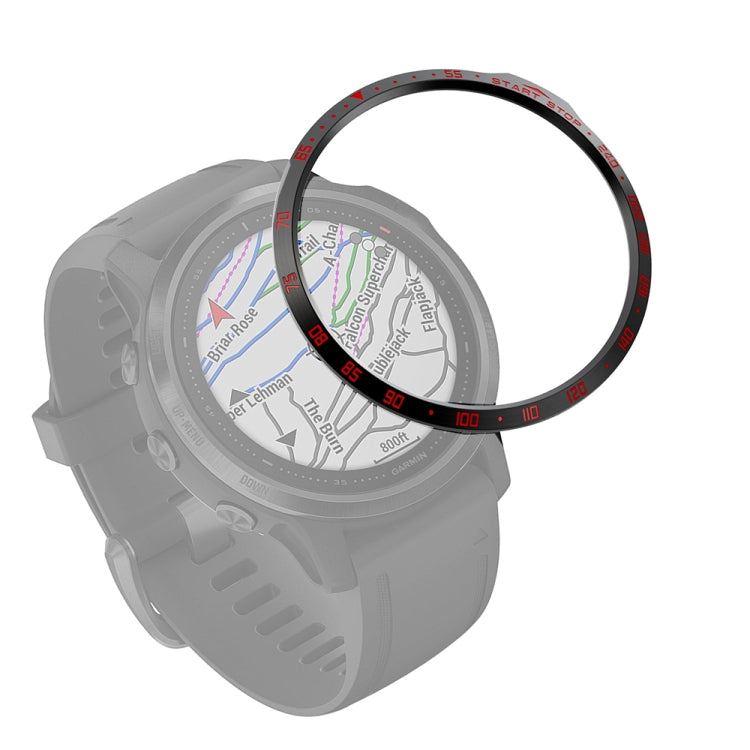 Smartwatch bezel ring accessory in dark metal look with red minute markings