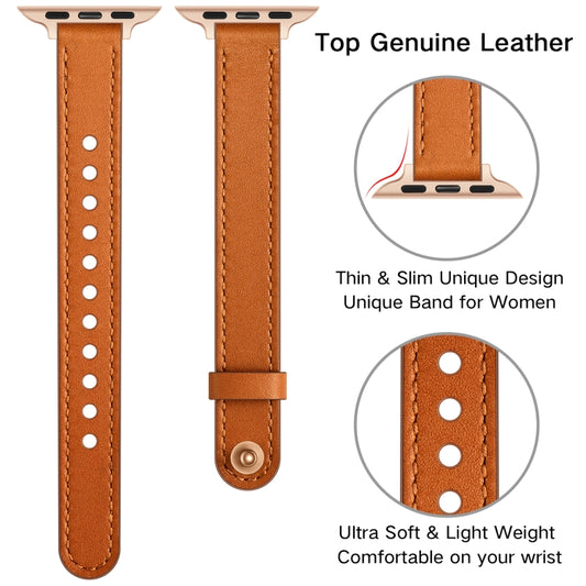 Brown leather Apple Watch strap pair, stitched ends, snap clasp, thin band with keeper holes