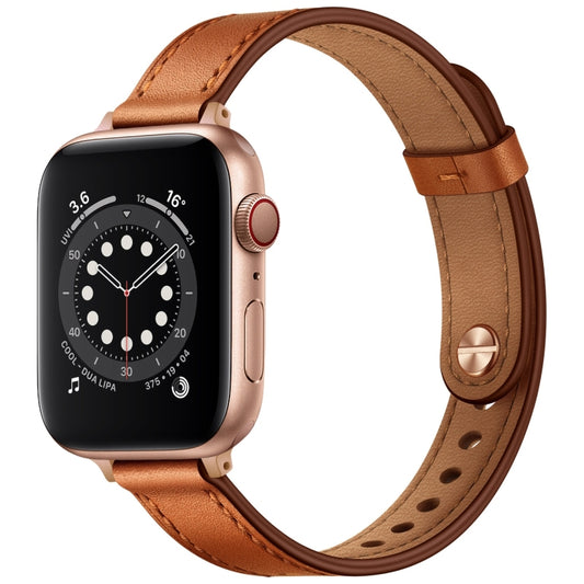 Tan genuine leather Apple Watch strap with rose-gold buckle, stitched band and keeper eyelets