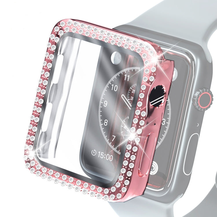 Diamond double-row watch case with clear tempered glass protector, rose pink frame