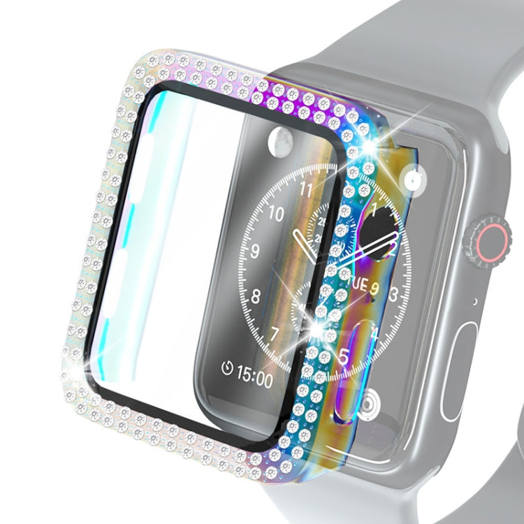 Protective smartwatch case with tempered glass film, clear frame, purple diamond pattern border