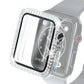 Protective smartwatch case with tempered glass film, clear frame, patterned rhinestone border