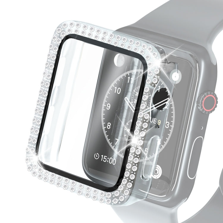 Protective smartwatch case with tempered glass film, clear frame, patterned rhinestone border