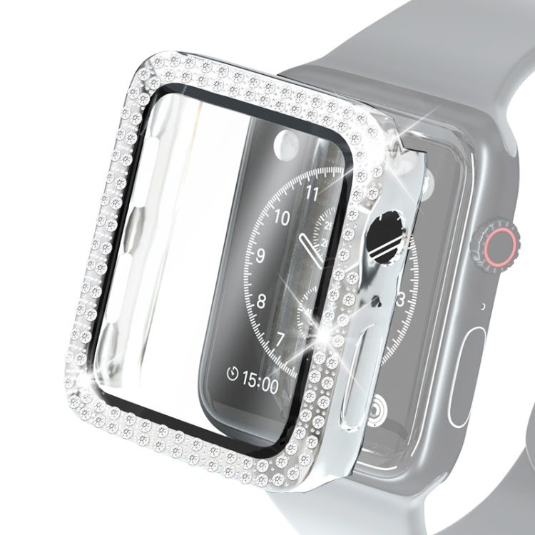 Protective smartwatch case with tempered glass film, clear frame, rhinestone corner accents