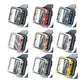 Protective smartwatch cases with tempered glass film, shown in multiple color options