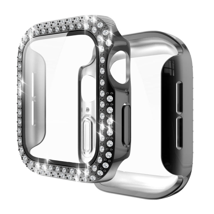 Protective smartwatch case with tempered glass film, silver rhinestone double-row trim