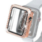 Diamond double-row watch case with clear tempered glass protector, rose gold frame