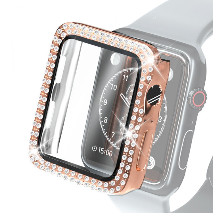 Diamond double-row watch case with clear tempered glass protector, rose gold frame