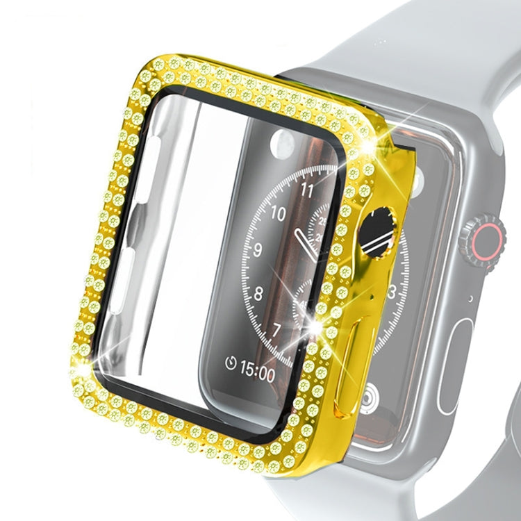 Protective smartwatch case with tempered glass film, yellow border, patterned rhinestone trim