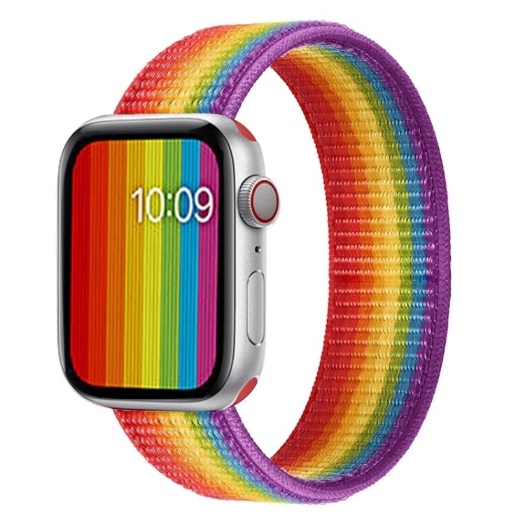 Rainbow woven nylon watch band with purple trim and metal pin ends