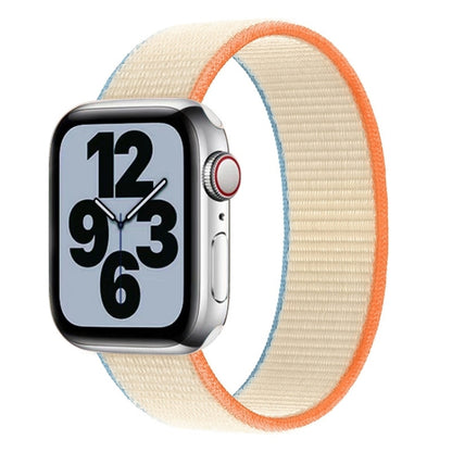 Cream nylon watch band with orange trim and metal pin ends