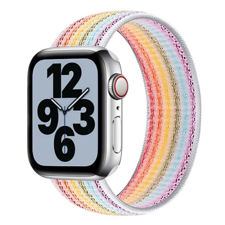 Rainbow woven nylon watch band with multicolor stripes and metal pin ends