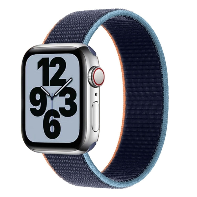 Dark navy woven nylon watch band with light blue trim and metal pin ends