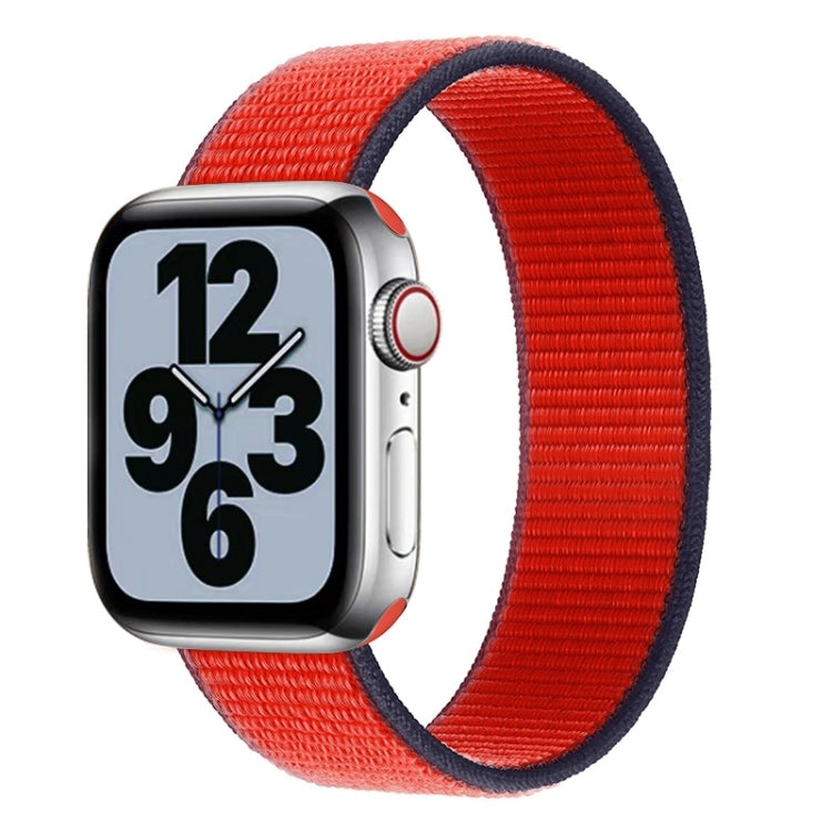 Red woven nylon watch band with dark trim and metal pin ends