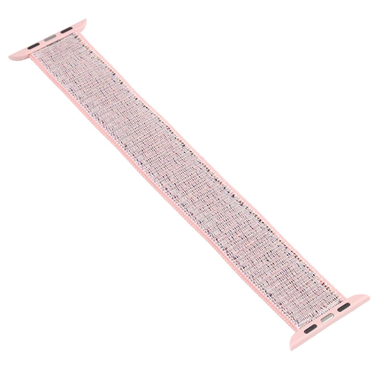 Blush pink nylon woven replacement watchband laid flat, with connector end hardware.