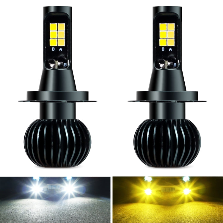 Pair of black LED fog light bulbs with stacked yellow chip LEDs, front view