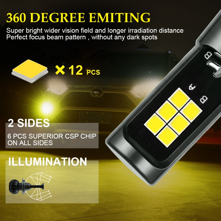 LED fog light bulb with multiple yellow chip LEDs on two sides, angled view