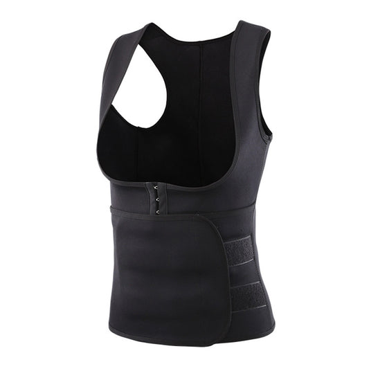 Black sweat-wicking shaping corset vest with front hook closure and wide support panels